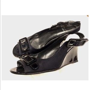 Stuart Weitzman Black Patent linen wedge sandals